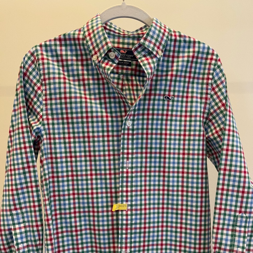 Boys Vineyard Vines Cotton Whale Shirt - Red/Green/Blue Check - Size S (8-10)